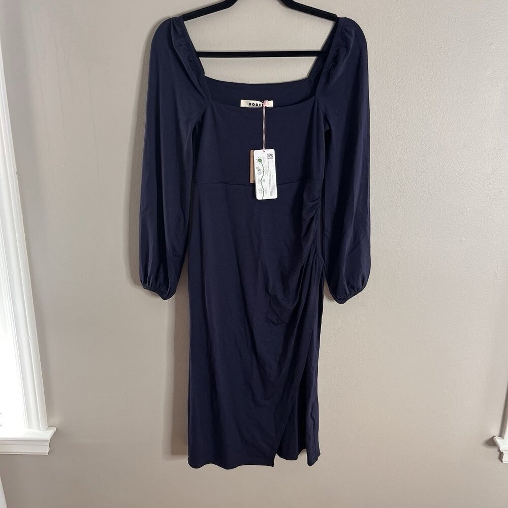 Boden Size 6P Navy Square Neck Gathered Balloon Sleeve Sheath Stretch Dress